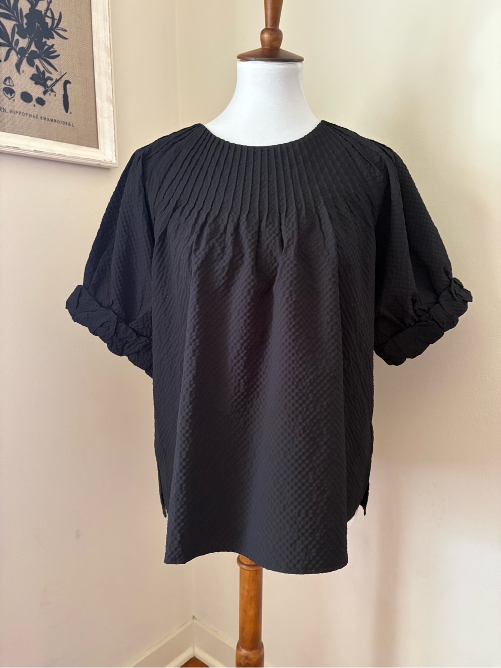 THML Black Pleated Yoke Short Sleeve Blouse